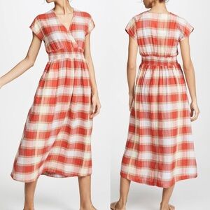 Ace&Jig Faye Red Plaid Picnic Midi Dress V-Neck Crossover Pockets Elastic Waist